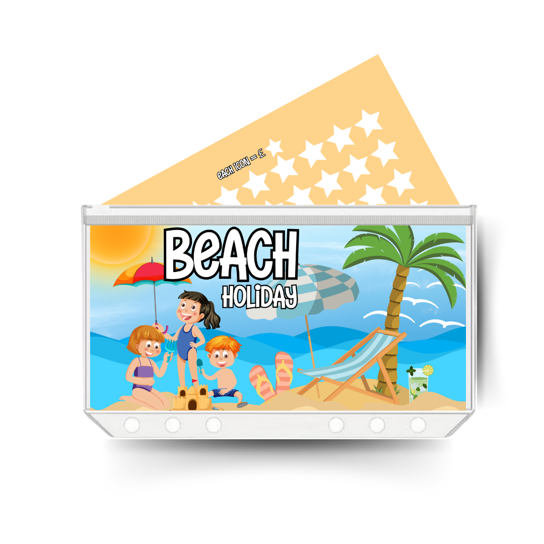 BEACH HOLIDAY display insert, savings tracker and clear twin pocket cash envelope